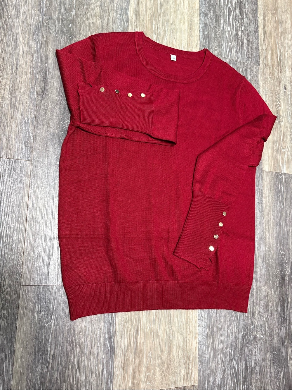 Women's Red Crewneck Sweater with Button-Cuff Detail Casual; Office Wear; Polish